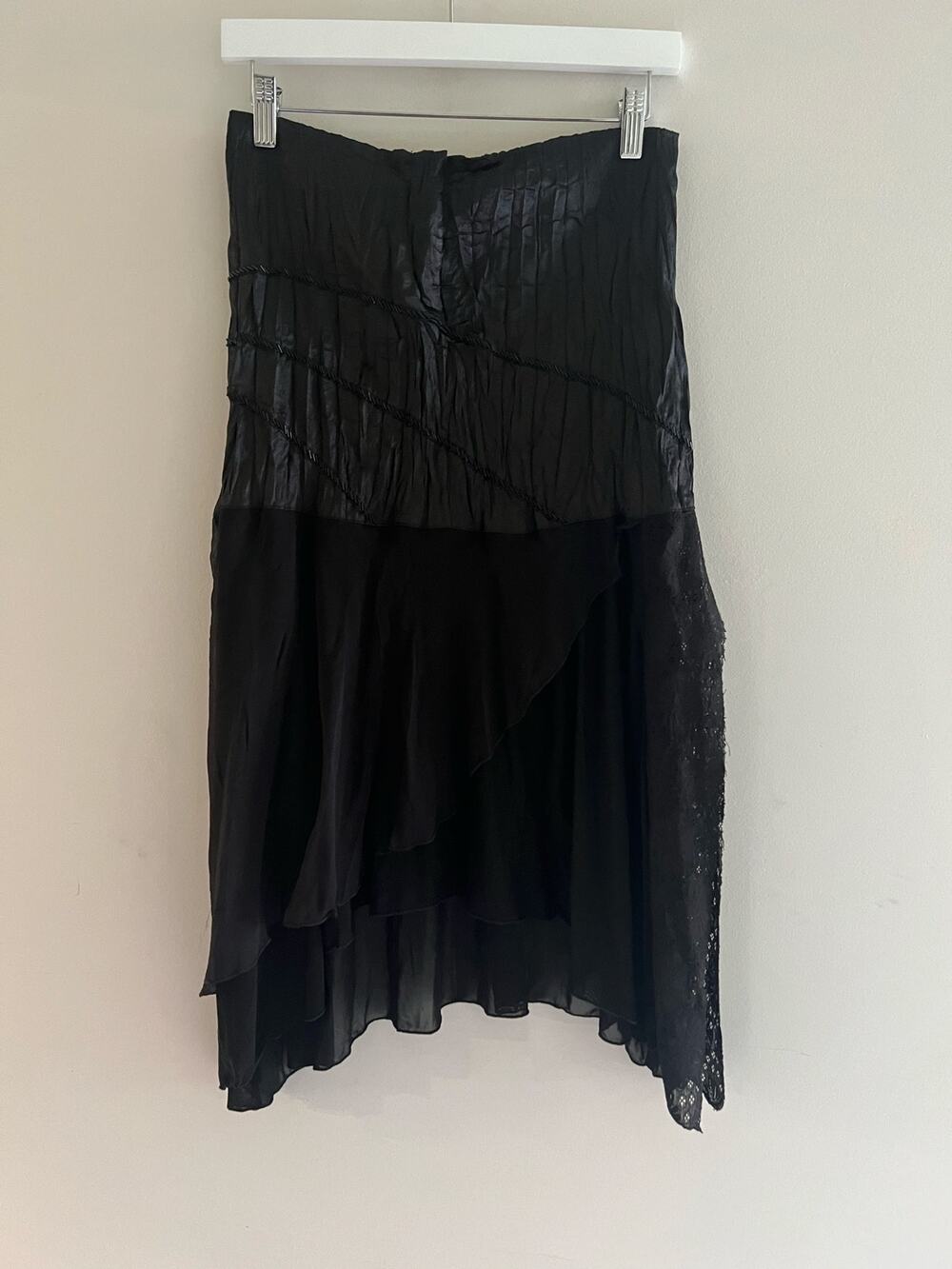 Hazel Anthropologie 100% Silk Midi Skirt w Lace Asymmetrical Hem Split Medium JL